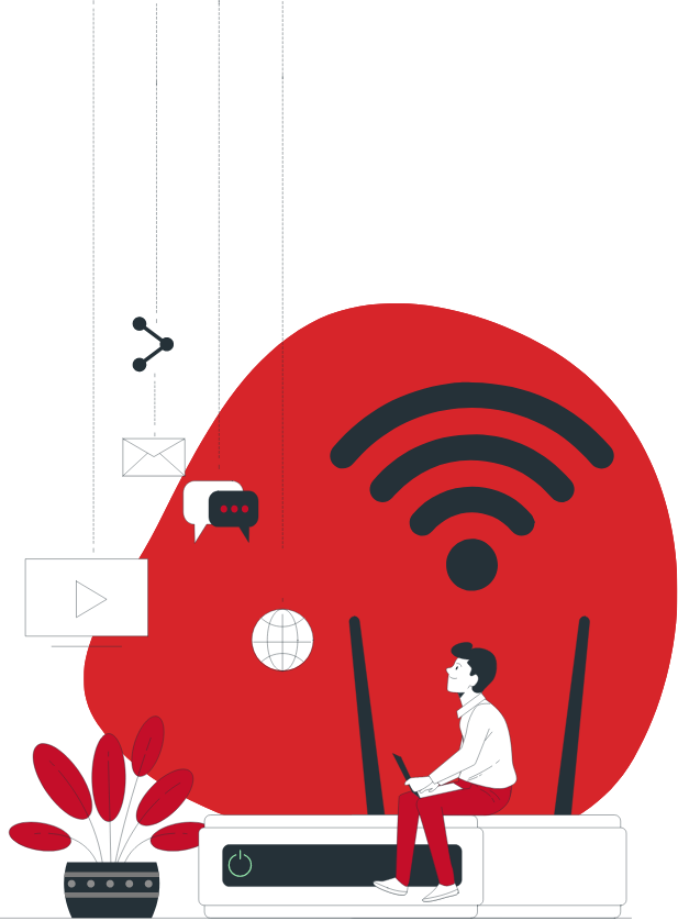 Header Bild Illustration, Mann sitzt auf Router mit Cloude und Wlan