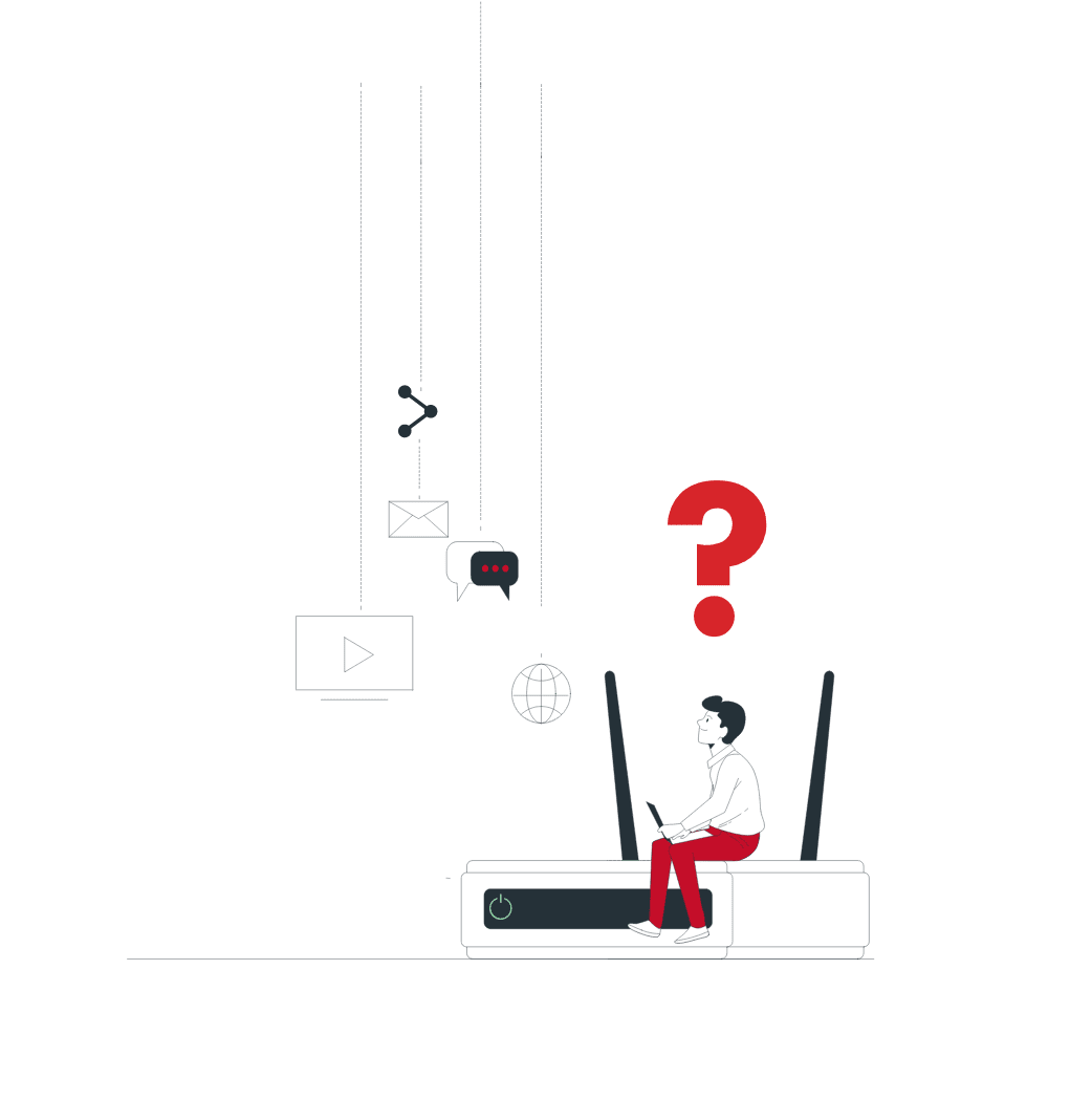 Illustration Für FAQ, Mann sitzt auf Router mit Fragezeichen